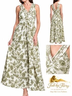 Taylor Green & White Botanical Floral Linen-Blend Empire Maxi Dress Size 12